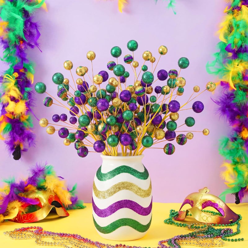 Youyole 10 Pcs 15 Inch Mardi Gras Picks Large Purple Green Gold Glitter Ball Pick for Mardi Gras Tree Table Decorations Vase Filler Arrangement Wreath - Image 5