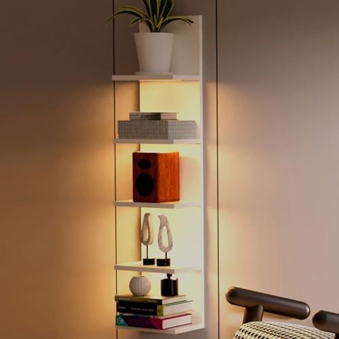 Homaterial 5 Tier Wall Shelf with Light, White Modern Vertical Lack Wall Shelves, Wall Mount, Floating Column Home Decor Shelves for Bedroom, Living Room, Vanity Storage Display - Image 4