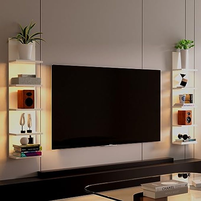 Homaterial 5 Tier Wall Shelf with Light, White Modern Vertical Lack Wall Shelves, Wall Mount, Floating Column Home Decor Shelves for Bedroom, Living Room, Vanity Storage Display - Image 3
