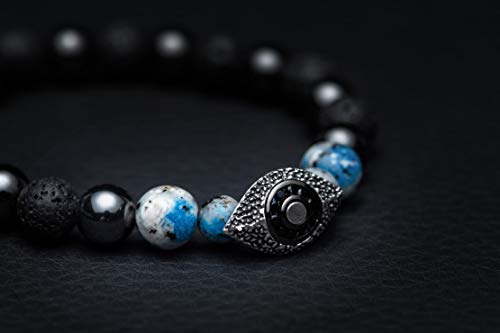 Karseer Vintage Silver and Black Plated Evil Eye Magnetic Energy Balance Anti Anxiety Bracelet Natural Hematite K2 Blue Azurite and Lava Rock Healing Stone Beads Essential Oil Diffuser Bracelet Unisex - Image 4