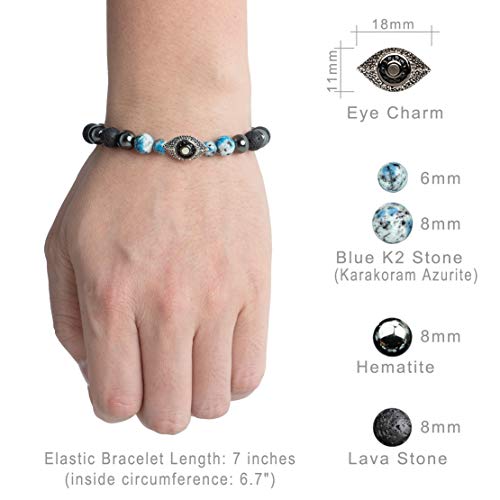 Karseer Vintage Silver and Black Plated Evil Eye Magnetic Energy Balance Anti Anxiety Bracelet Natural Hematite K2 Blue Azurite and Lava Rock Healing Stone Beads Essential Oil Diffuser Bracelet Unisex - Image 2