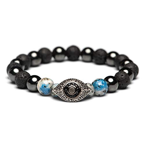 Karseer Vintage Silver and Black Plated Evil Eye Magnetic Energy Balance Anti Anxiety Bracelet Natural Hematite K2 Blue Azurite and Lava Rock Healing Stone Beads Essential Oil Diffuser Bracelet Unisex - Image 1