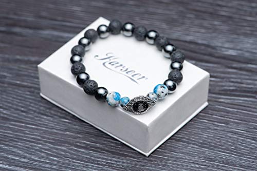 Karseer Vintage Silver and Black Plated Evil Eye Magnetic Energy Balance Anti Anxiety Bracelet Natural Hematite K2 Blue Azurite and Lava Rock Healing Stone Beads Essential Oil Diffuser Bracelet Unisex - Image 5