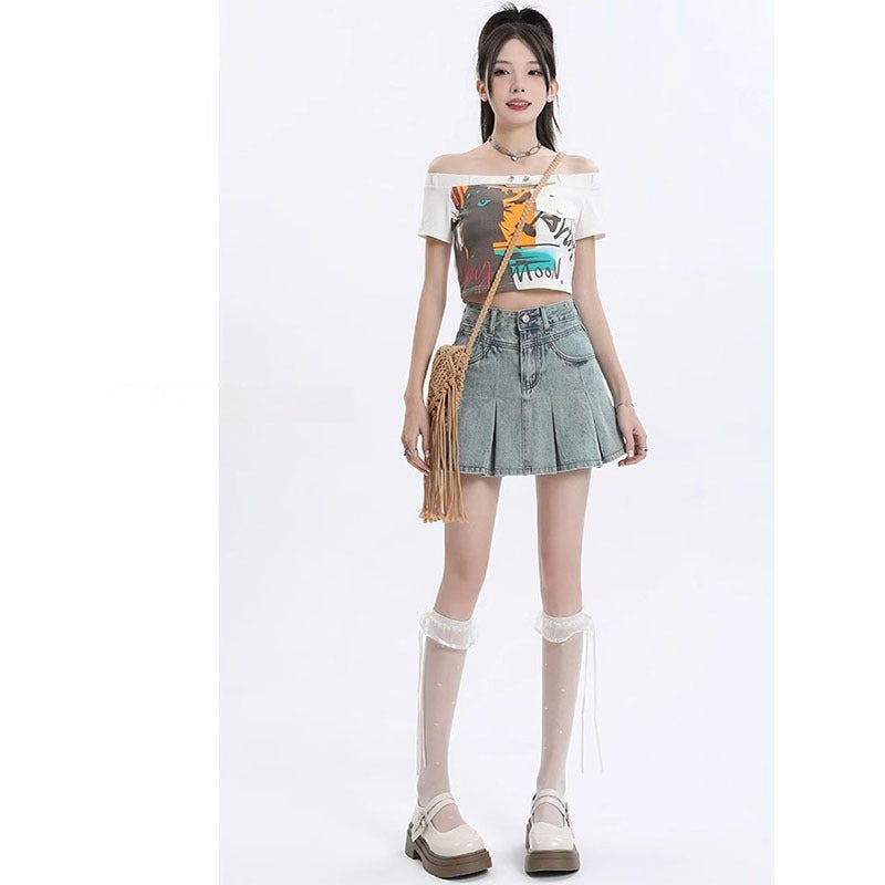 Light-Colored High-Waisted Pleated Denim Skirt For Women Fat Mm Large Size Slimming Look Pear-Shaped Figure A-Line Skirt - Image 3