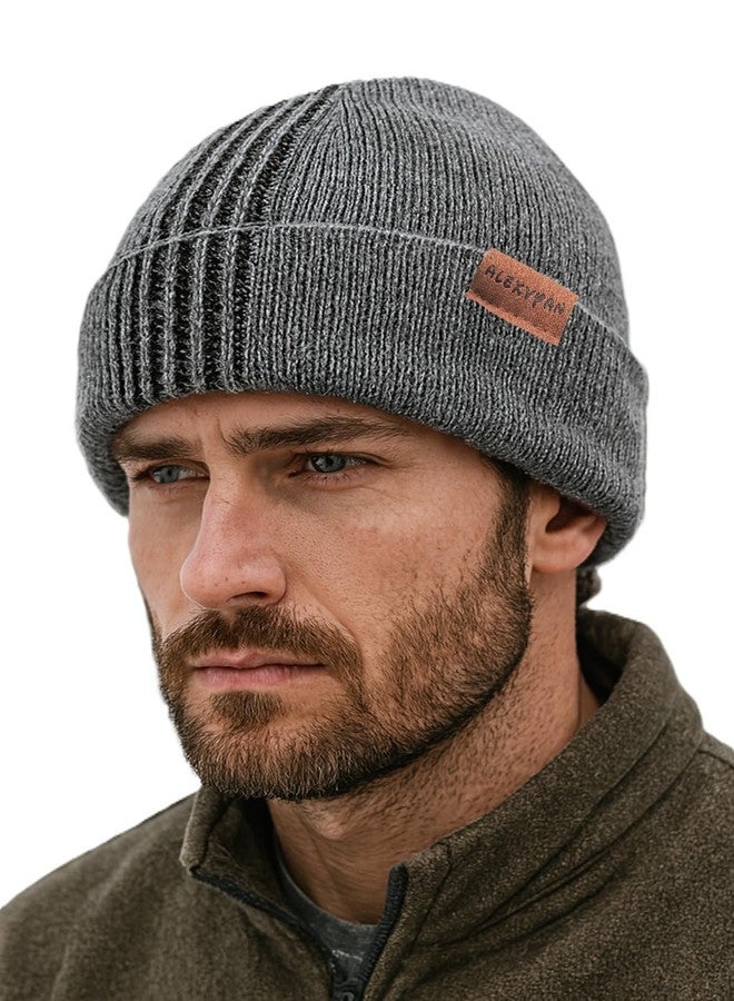 Alexvyan Grey Side Line Winter Knitted Men Cap,Soft & Warm Fleece Lined Acrylic Snow Proof Woolen Men's Cap (Inside Fur) - Image 1