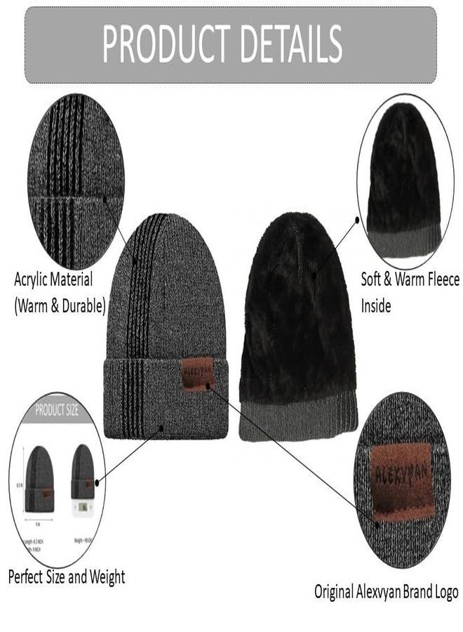 Alexvyan Grey Side Line Winter Knitted Men Cap,Soft & Warm Fleece Lined Acrylic Snow Proof Woolen Men's Cap (Inside Fur) - Image 5