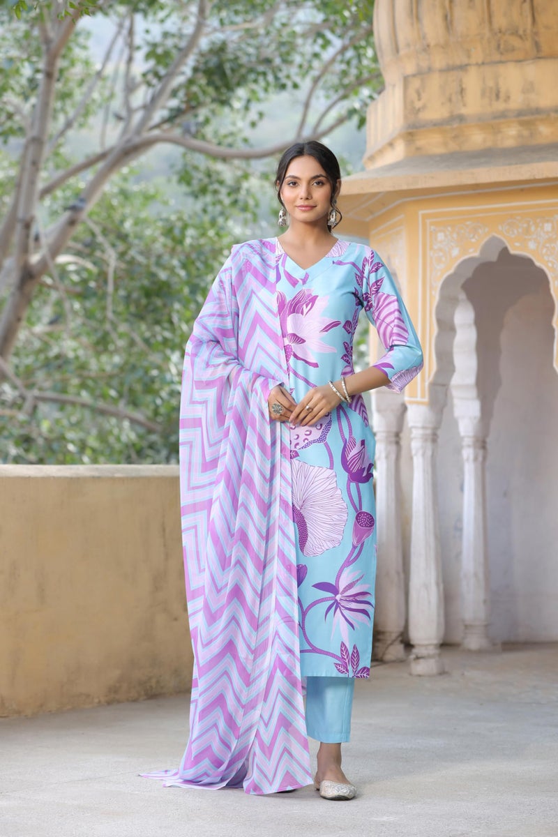 ANNI DESIGNER Women's Cotton Blend Straight Printed Kurta with Pant & Dupatta (Sohini Sky Blue_S_Sky Blue_Small) - Image 2
