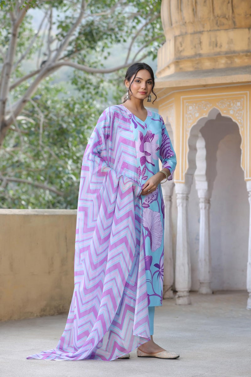 ANNI DESIGNER Women's Cotton Blend Straight Printed Kurta with Pant & Dupatta (Sohini Sky Blue_S_Sky Blue_Small) - Image 4