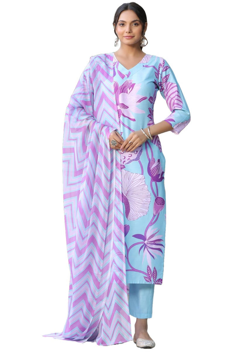 ANNI DESIGNER Women's Cotton Blend Straight Printed Kurta with Pant & Dupatta (Sohini Sky Blue_S_Sky Blue_Small) - Image 1