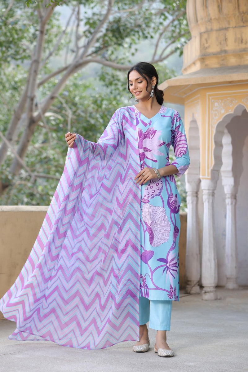 ANNI DESIGNER Women's Cotton Blend Straight Printed Kurta with Pant & Dupatta (Sohini Sky Blue_S_Sky Blue_Small) - Image 3