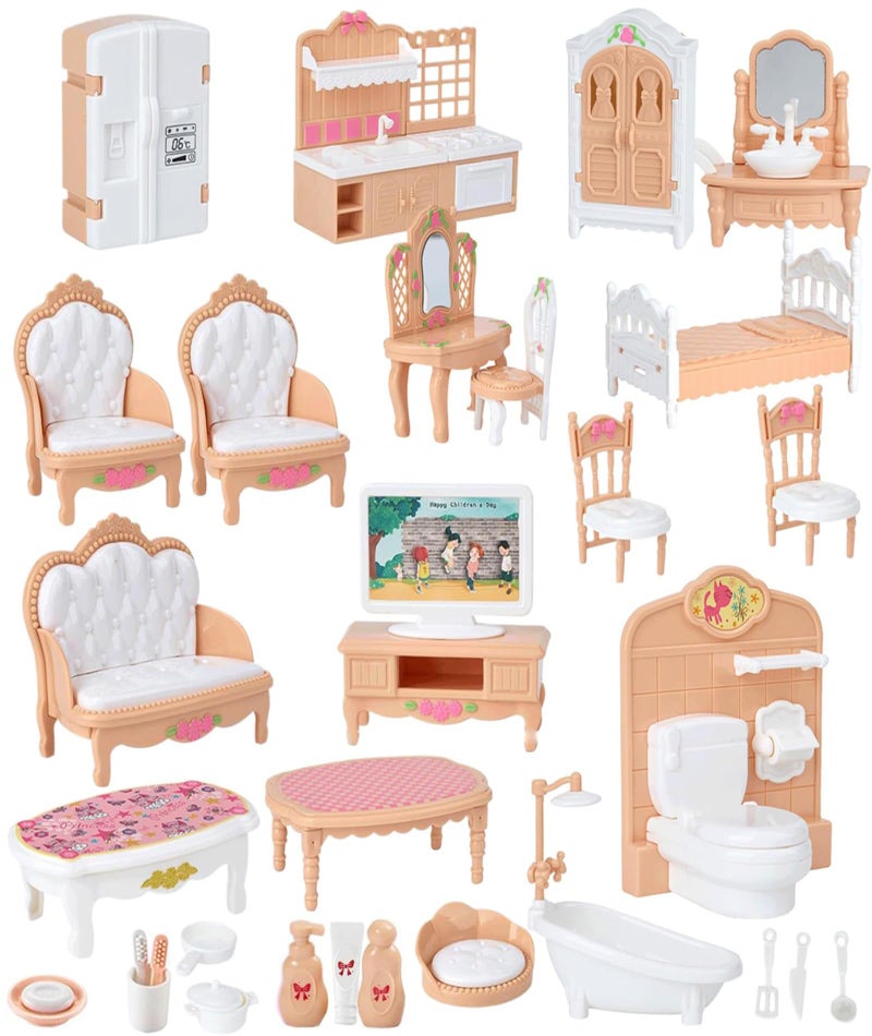Zbdroxygen 32pcs Brown Furniture Desktop Decoration Doll House Set, Miniature Doll House Set with Kitchen, Bedroom, Living Room and Bathroom Furniture, Pretend Play Toy for Kids, Gift for Boys and Girls - Image 1