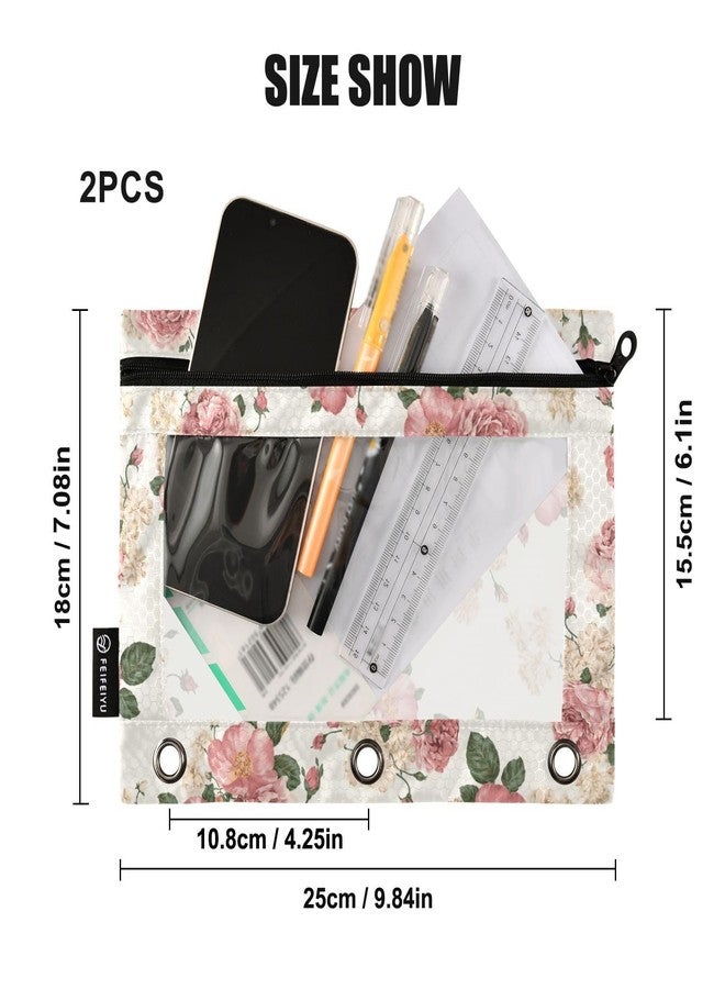 PJGINUIUA 3 Ring Binder Pencil Pouch 2 Pack Beautiful Roses Vintage Floral Pencil Case Pencil Bags with Zipper, Clear PVC Binder Pockets for Office Daily Supplies - Image 3