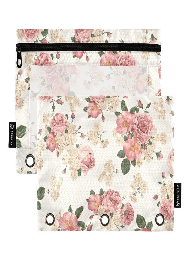 PJGINUIUA 3 Ring Binder Pencil Pouch 2 Pack Beautiful Roses Vintage Floral Pencil Case Pencil Bags with Zipper, Clear PVC Binder Pockets for Office Daily Supplies - Image 1