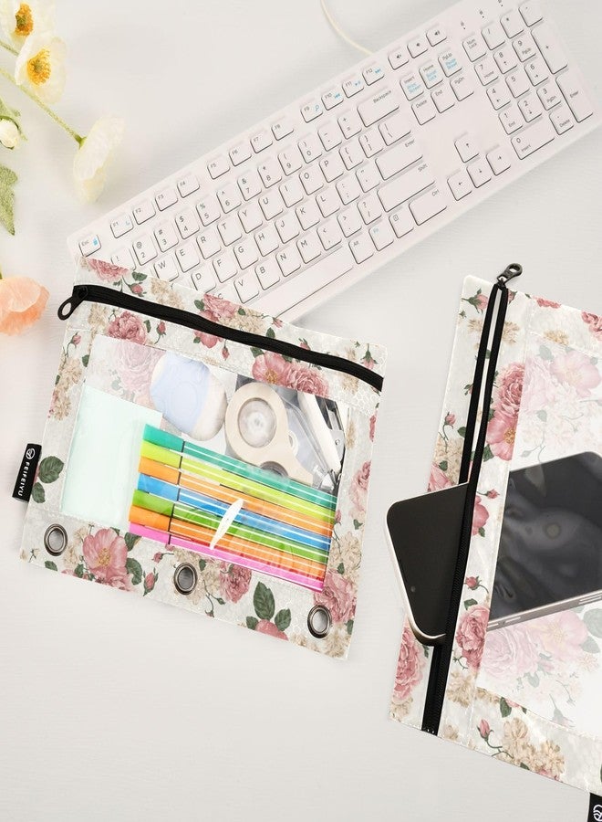 PJGINUIUA 3 Ring Binder Pencil Pouch 2 Pack Beautiful Roses Vintage Floral Pencil Case Pencil Bags with Zipper, Clear PVC Binder Pockets for Office Daily Supplies - Image 4