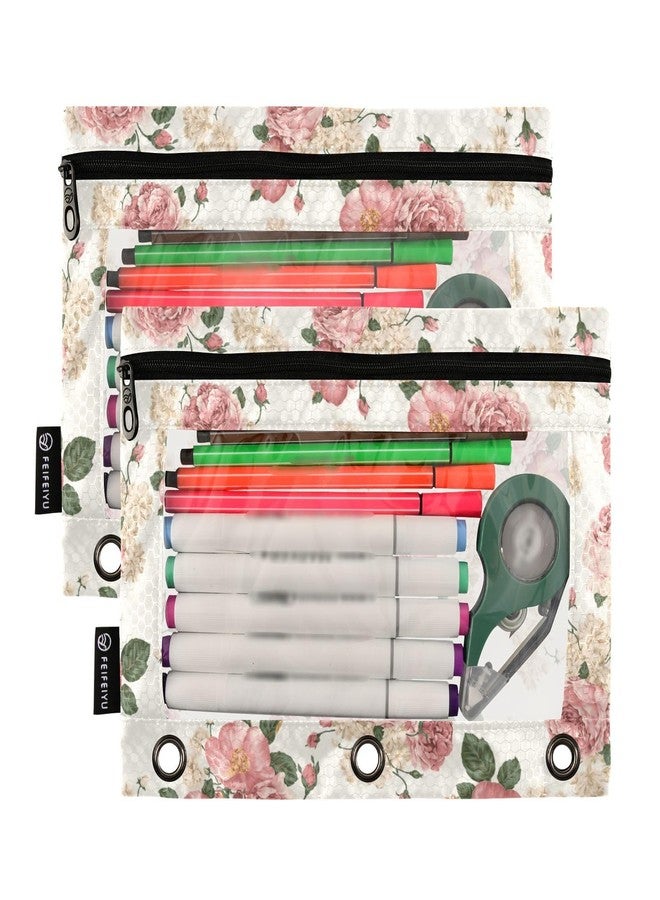 PJGINUIUA 3 Ring Binder Pencil Pouch 2 Pack Beautiful Roses Vintage Floral Pencil Case Pencil Bags with Zipper, Clear PVC Binder Pockets for Office Daily Supplies - Image 2