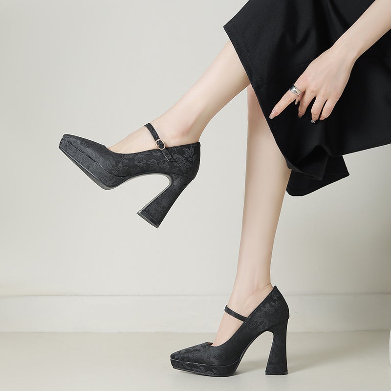 Guofeng Flower High Heel 33-43 Plus Size Thick Bottom Pointed Shallow Mouth Single Shoes - Image 3