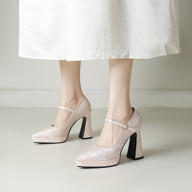 Guofeng Flower High Heel 33-43 Plus Size Thick Bottom Pointed Shallow Mouth Single Shoes - Image 2