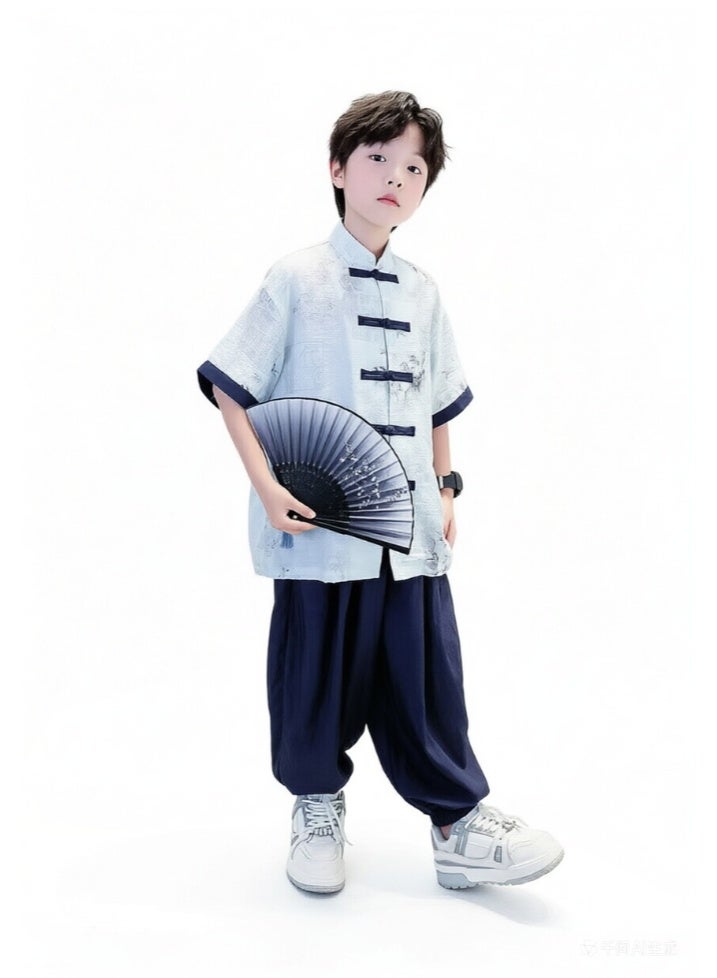 liannaner Kids Boys Chinese Traditional Hanfu Tang Suit, Blue Zen Style Outfit with Short Sleeve Top and Pants for Cosplay, Lunar New Year, Photography and Casual Wear - Image 1