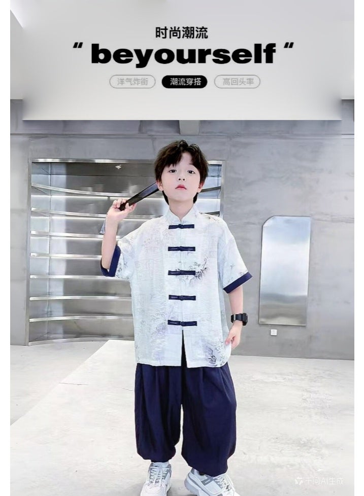 liannaner Kids Boys Chinese Traditional Hanfu Tang Suit, Blue Zen Style Outfit with Short Sleeve Top and Pants for Cosplay, Lunar New Year, Photography and Casual Wear - Image 4