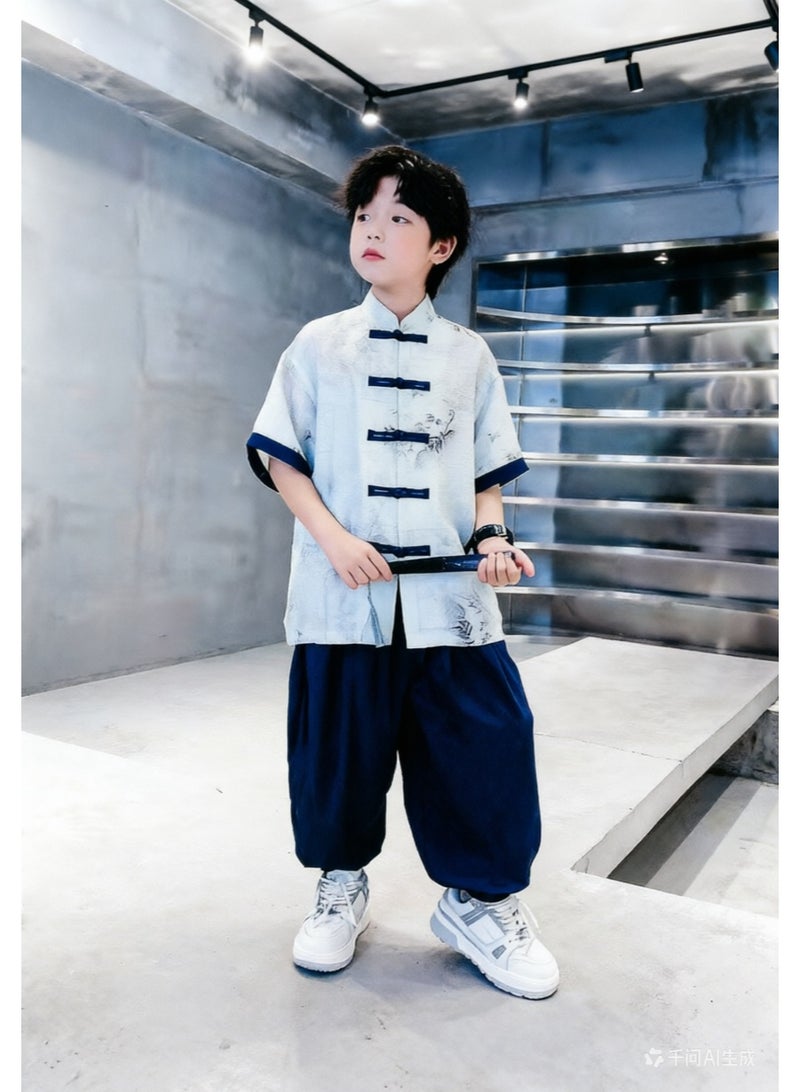 liannaner Kids Boys Chinese Traditional Hanfu Tang Suit, Blue Zen Style Outfit with Short Sleeve Top and Pants for Cosplay, Lunar New Year, Photography and Casual Wear - Image 3