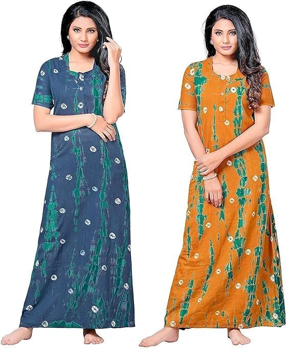 Vlazom Women’s Pure Cotton Rajasthani Jaipuri Nighty & Gown Set | Maxi-Length Sleepwear, Pack of 2 (Grey,Musterd, Free Size) - Image 1
