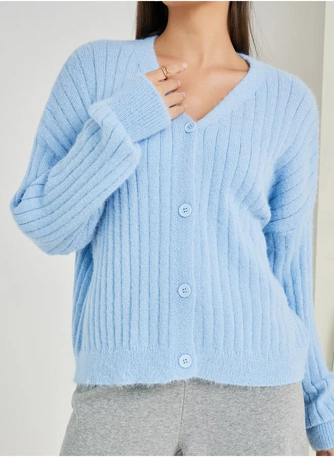 Styli Short Length Fuzzy Knit Button Down Cardigan