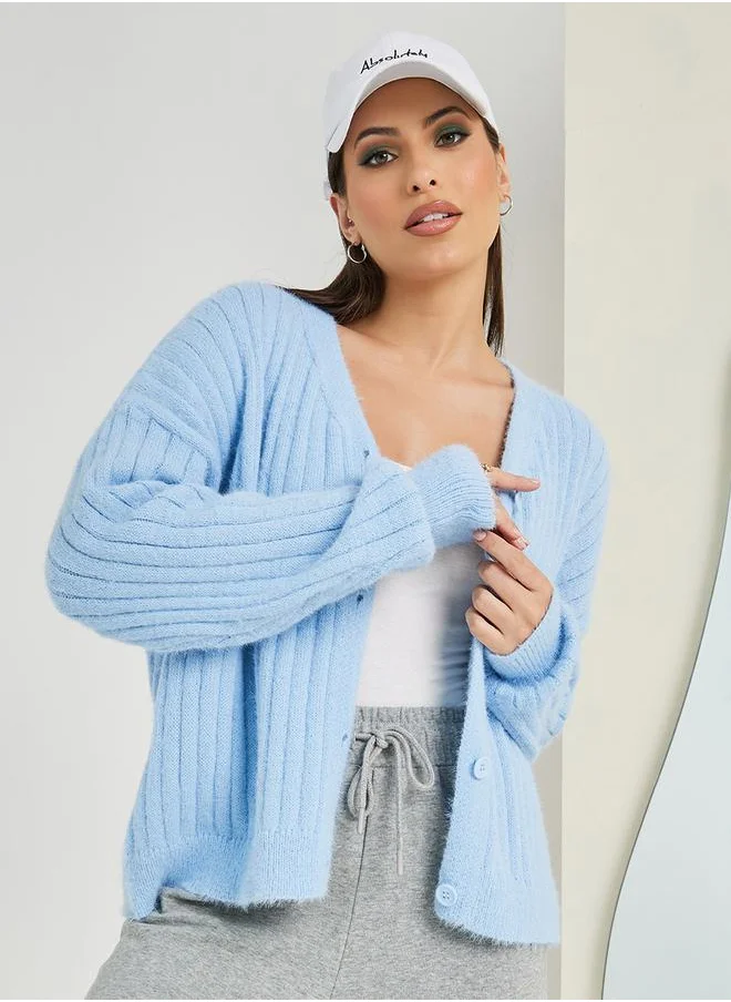 Styli Short Length Fuzzy Knit Button Down Cardigan