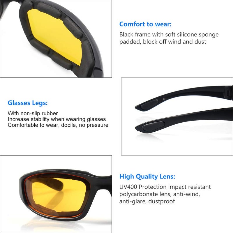 surpassme 3 Pair Motorcycle Riding Glasses Padding Goggles UV Protection Dustproof Windproof Motorcycle Sunglasses with Clear Smoke Yellow Lens for Outdoor Sports Actives - Image 3