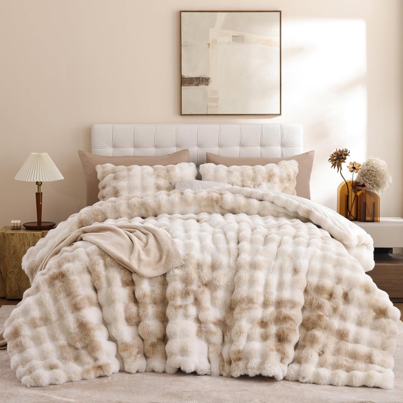 YIKUSH Fluffy Comforter Set Queen Size - Soft & Fuzzy Faux Fur Queen Comforter, Ultra Plush Tie-dye Cream White Comforter with Flannel Back, Warm Yet Lightweight Cozy Bedding Set - Image 1