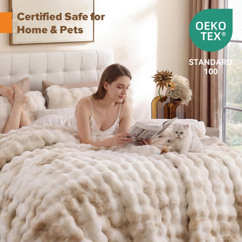 YIKUSH Fluffy Comforter Set Queen Size - Soft & Fuzzy Faux Fur Queen Comforter, Ultra Plush Tie-dye Cream White Comforter with Flannel Back, Warm Yet Lightweight Cozy Bedding Set - Image 4