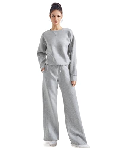 SUUKSESS Women Modal 2 piece outfits Oversized Sweatshirt Fall Lounge Set Wide Leg Pants Matching Sets (Grey,S) - Image 1