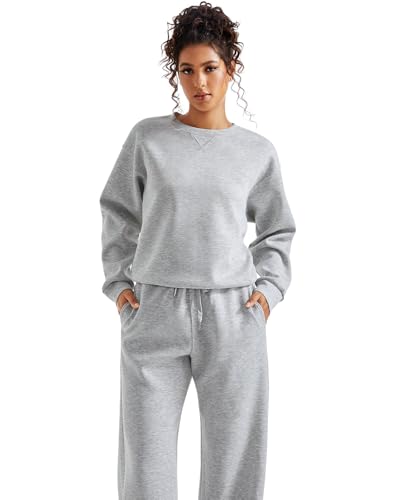 SUUKSESS Women Modal 2 piece outfits Oversized Sweatshirt Fall Lounge Set Wide Leg Pants Matching Sets (Grey,S) - Image 2