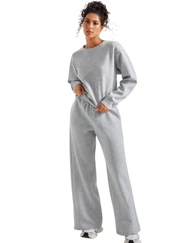 SUUKSESS Women Modal 2 piece outfits Oversized Sweatshirt Fall Lounge Set Wide Leg Pants Matching Sets (Grey,S) - Image 4