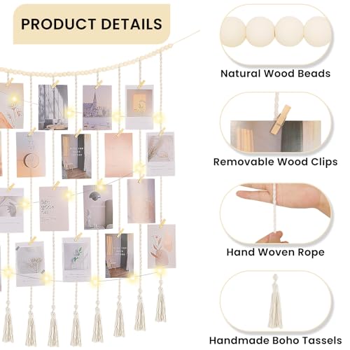Poefditev Macrame Hanging Photo Display Boho Wall Decor with String Lights Wooden Beads Garland Picture Frame Collage Holder with 45 Clips for Room, Bedroom, Dorm, Christmas Teenage Teen Girl Gifts (Beige, Large) - Image 4