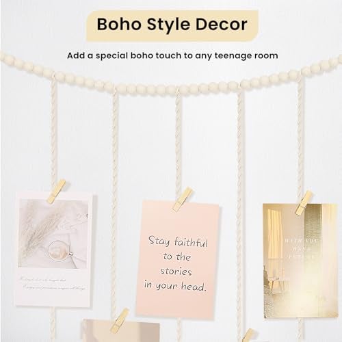 Poefditev Macrame Hanging Photo Display Boho Wall Decor with String Lights Wooden Beads Garland Picture Frame Collage Holder with 45 Clips for Room, Bedroom, Dorm, Christmas Teenage Teen Girl Gifts (Beige, Large) - Image 2