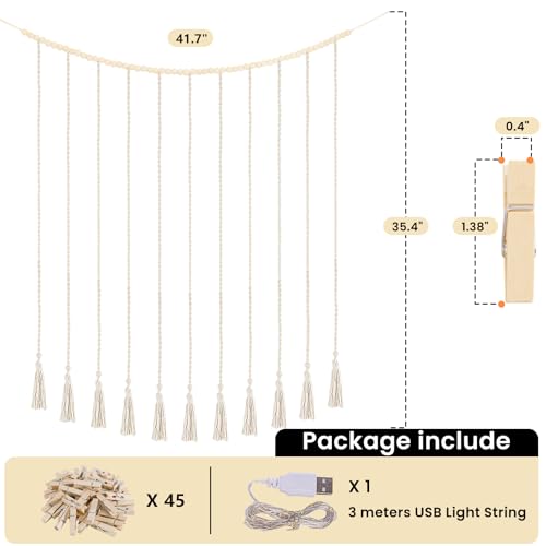 Poefditev Macrame Hanging Photo Display Boho Wall Decor with String Lights Wooden Beads Garland Picture Frame Collage Holder with 45 Clips for Room, Bedroom, Dorm, Christmas Teenage Teen Girl Gifts (Beige, Large) - Image 5