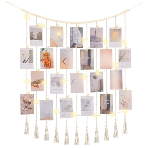 Poefditev Macrame Hanging Photo Display Boho Wall Decor with String Lights Wooden Beads Garland Picture Frame Collage Holder with 45 Clips for Room, Bedroom, Dorm, Christmas Teenage Teen Girl Gifts (Beige, Large) - Image 1