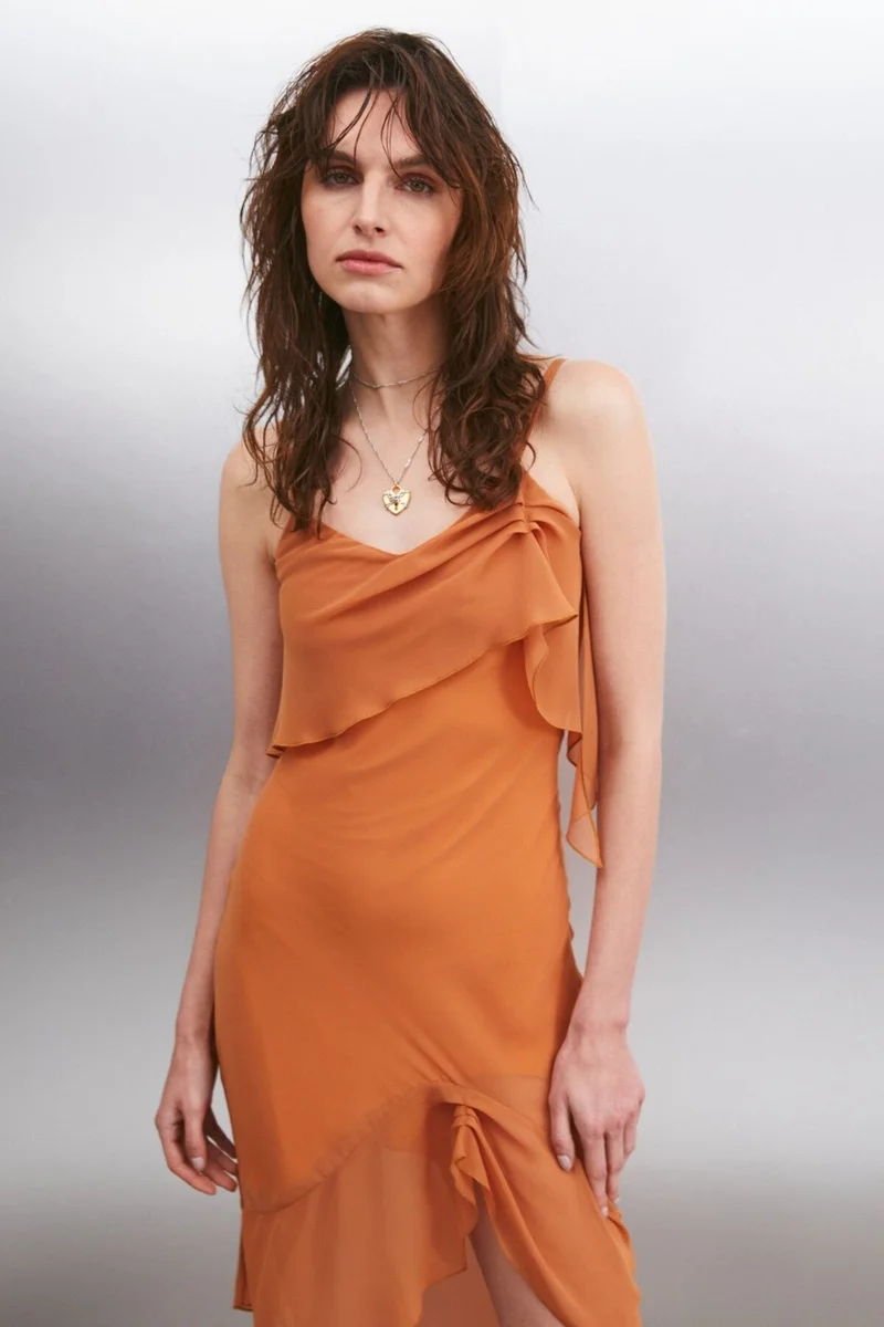 GRIMELANGE VESPERTINA Women's Round Neck Slim Orange Dress