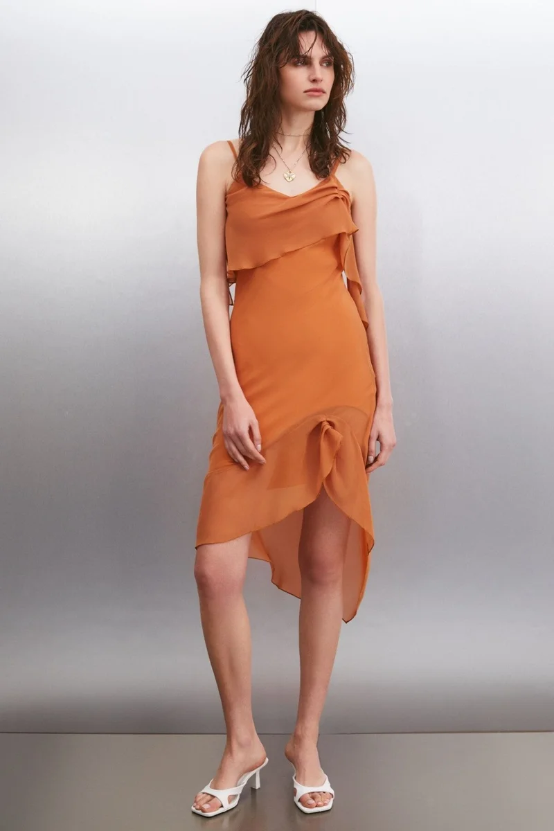GRIMELANGE VESPERTINA Women's Round Neck Slim Orange Dress