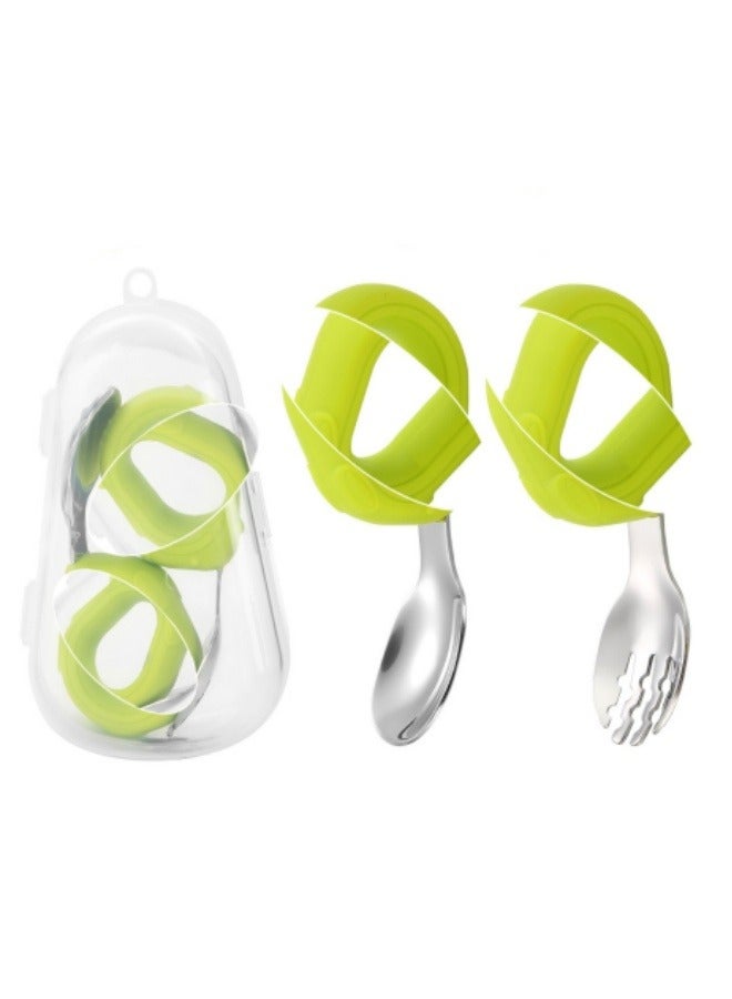 Children's 304 Stainless Steel Fork And Spoon Set Silicone Handle Food Supplement Spoon Set With Storage Box Green - Image 1