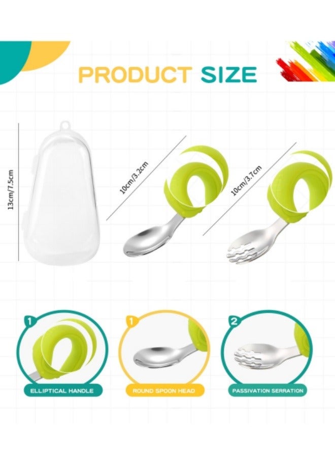 Children's 304 Stainless Steel Fork And Spoon Set Silicone Handle Food Supplement Spoon Set With Storage Box Green - Image 3