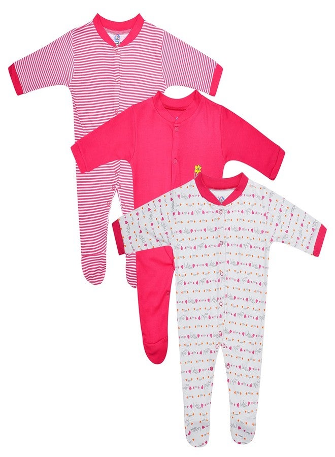Magic Town® 100% Hosiery Cotton Unisex Long Sleeve Sleep Suit Romper for Boys Girls and Infants Set of 3 (Multi Color, Pink) (12-18 Months) - Image 1