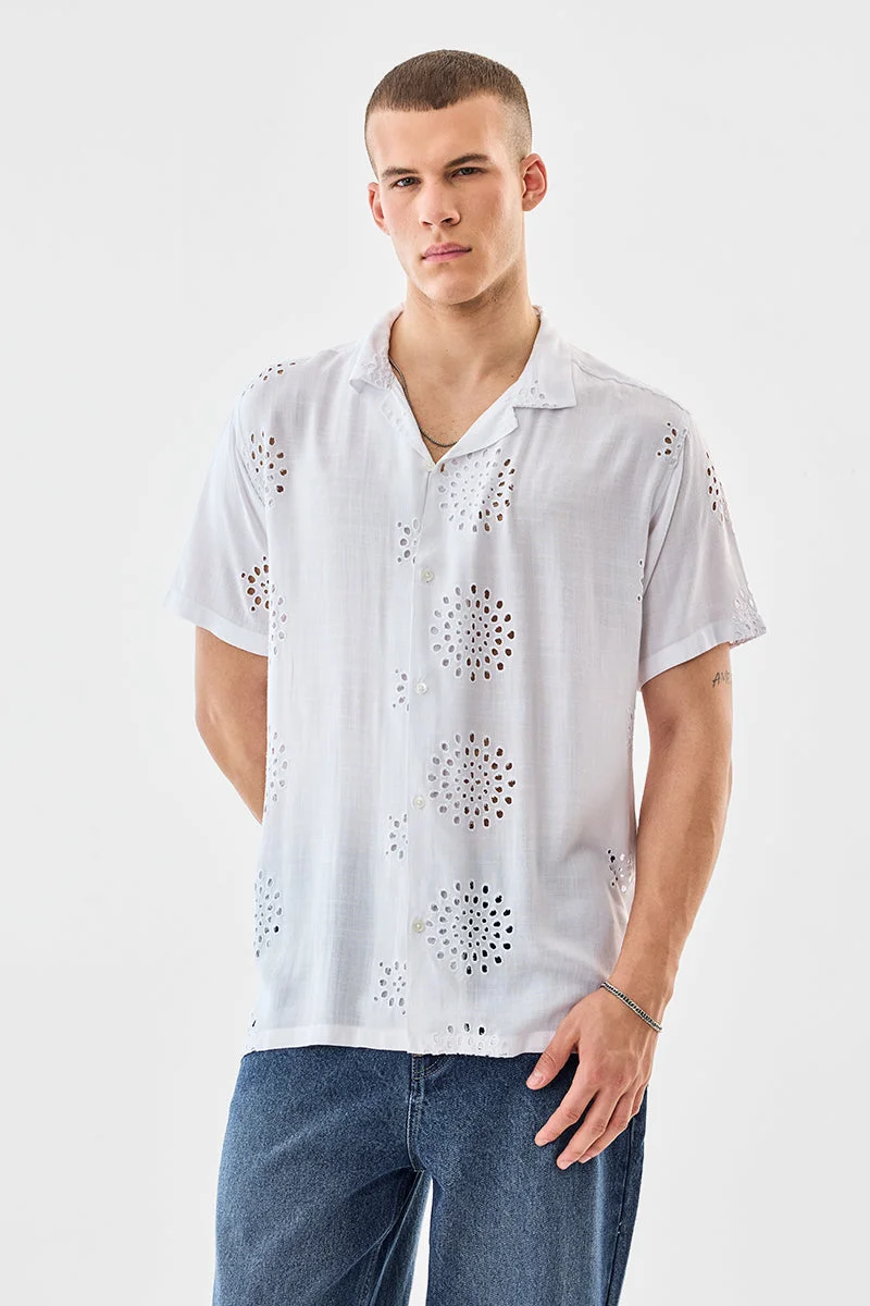 SNITCH White Embroidered Half Sleeve Boxy Shirt