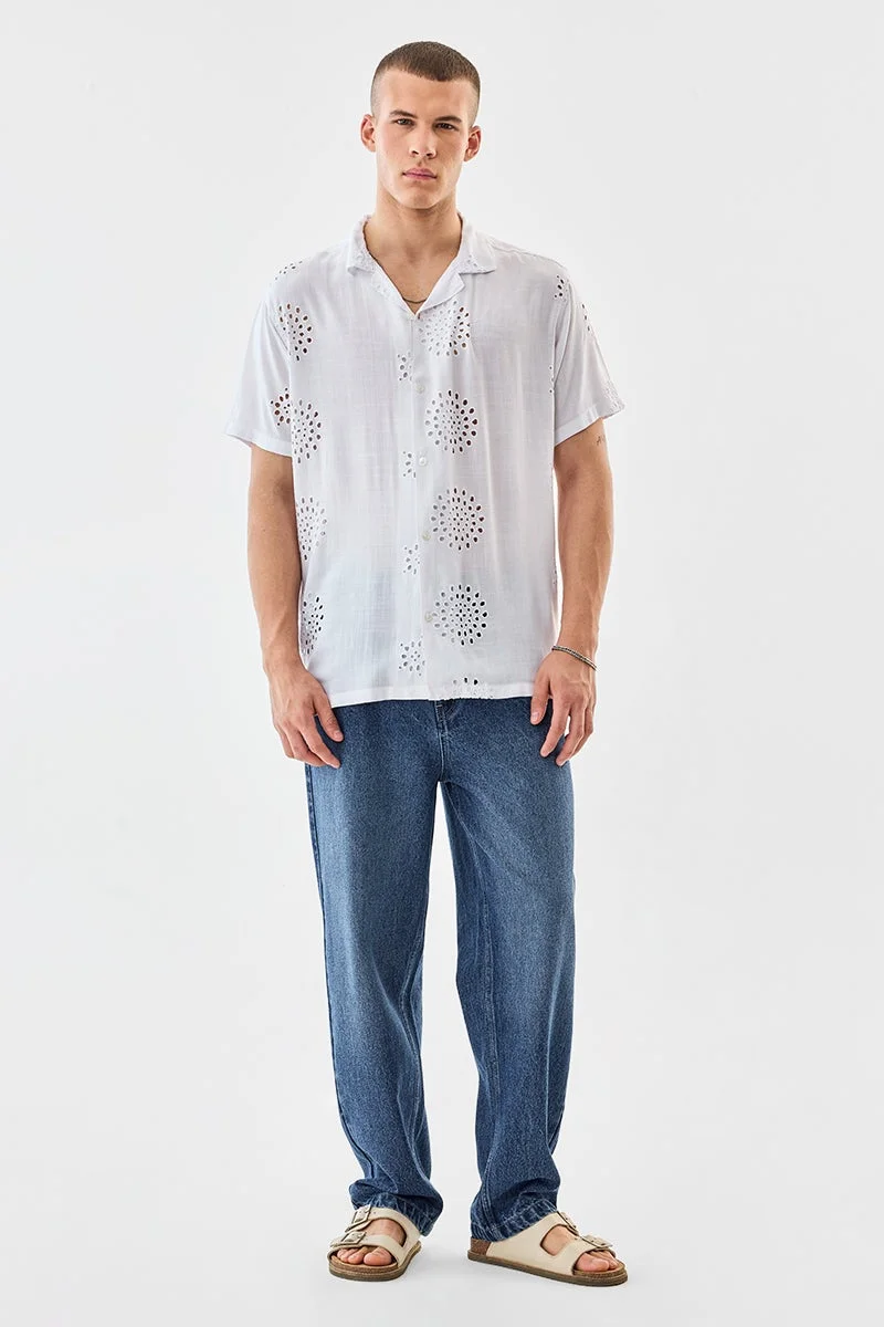 سنيتش White Embroidered Half Sleeve Boxy Shirt