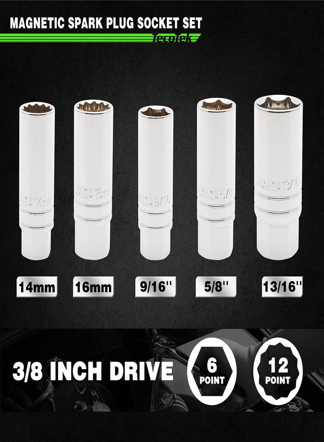 TecoTek 5 Piece 3/8-Inch Drive Magnetic Spark Plug Socket Set, Includes 14mm, 16mm Thin Wall Sockets and 9/16-inch, 5/8-inch, 13/16-inch Sockets, 6-Point and 12-Point, CR-V, Enhanced Magnetic Design - Image 2