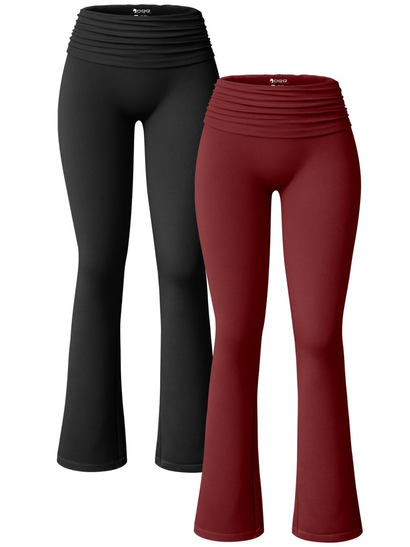 OQQ Women's 2 Piece Flared Pants Ribbed Fold Over Kick Ruched Stretch High Waist Casual Wide Leg Black WineRed - Image 1