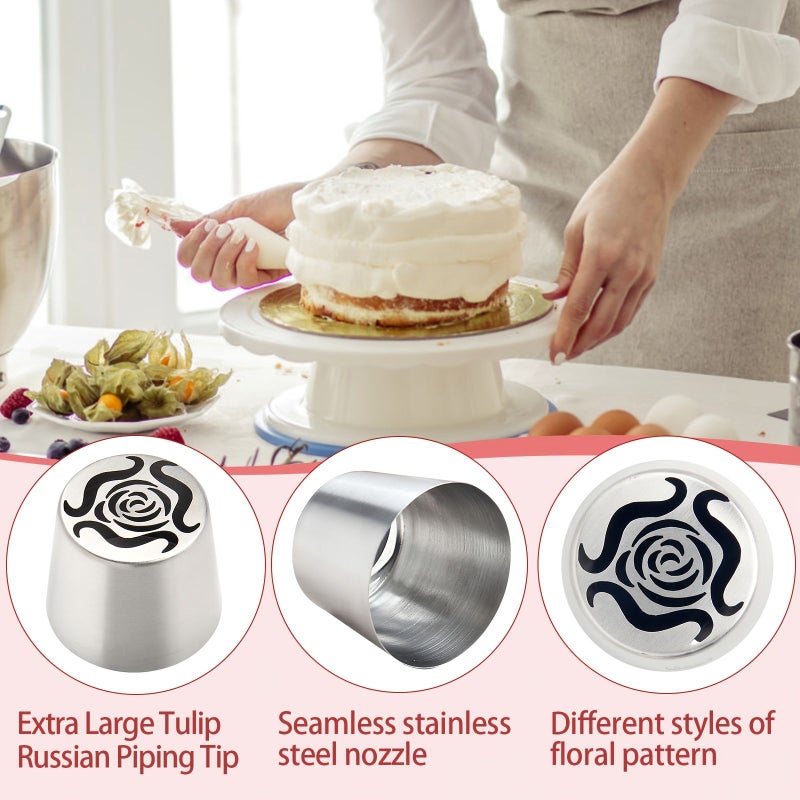 Silver 19pcs Extra Large Piping Nozzle Set Stainless Steel Rose Marshmallow Cream Bouquet Cake Decorating Baking Tools Includes 6 Extra Large Nozzles 2 Leaf Shaped Nozzles 1 Brush And 10 Piping Bags For Kitchen Accessories - Image 5