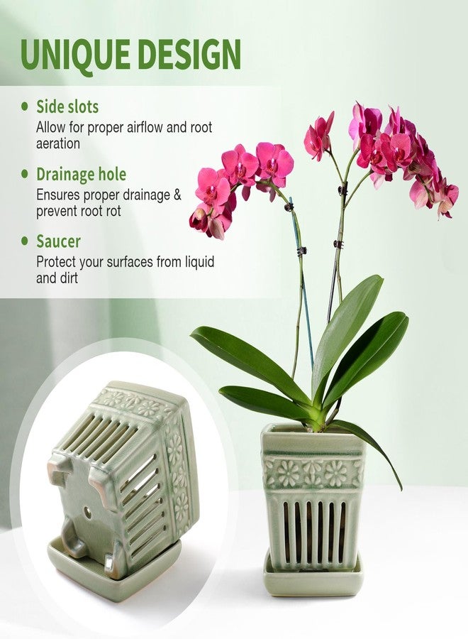 SUADEN Orchid Pots with Holes | 5" Ceramic Orchid Pot with Attached Saucer and Drainage Holes | Enamel Ceramic Small Flower Pot for Repotting Orchids (Green) - Image 2