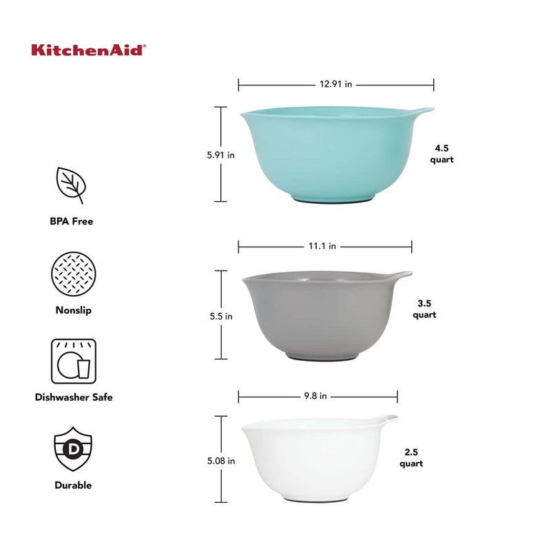 KitchenAid Universal Nesting Plastic Mixing Bowls, Set Of 3, 2.5 quart, 3.5 quart, 4.5 quart, Non Slip Base with Easy Pour Spout to Reduce Mess, Dishwasher Safe, Aqua Sky, White, Gray - Image 3