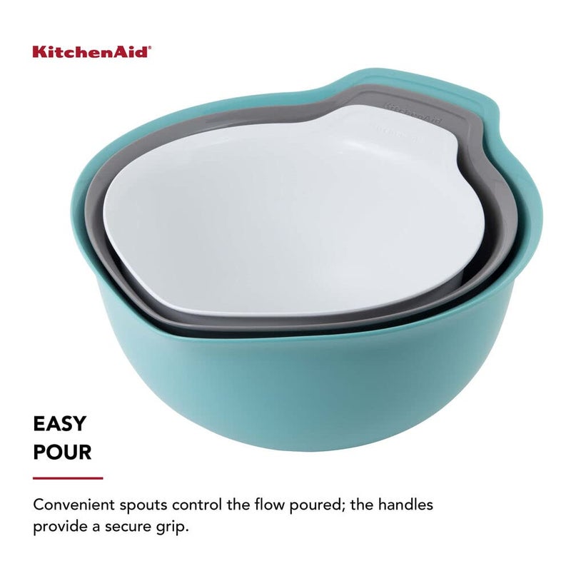 KitchenAid Universal Nesting Plastic Mixing Bowls, Set Of 3, 2.5 quart, 3.5 quart, 4.5 quart, Non Slip Base with Easy Pour Spout to Reduce Mess, Dishwasher Safe, Aqua Sky, White, Gray - Image 4